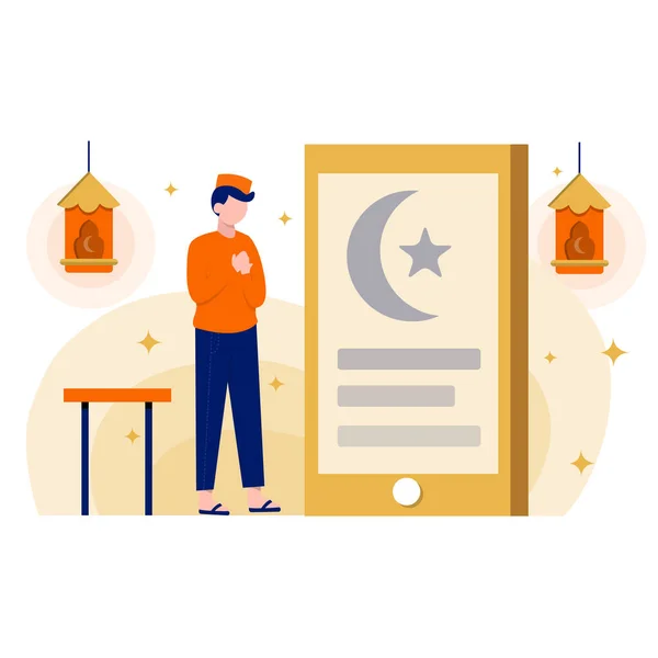 Turuncu elbiseli Müslüman bir adamın dua edişinin vektör çizelgesi ve arka plan olarak güzel bir fener bulunan cep telefonu çizelgesi, güneş saati ve iftar çizelgesi..