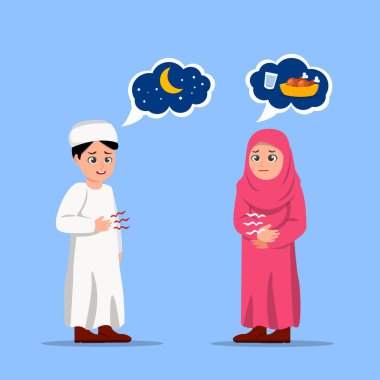 Müslüman bir erkek ve Müslüman bir kadının oruçlarını kırmak için tesettüre girmesinin vektör çizimi, çok aç görünüyorlar..