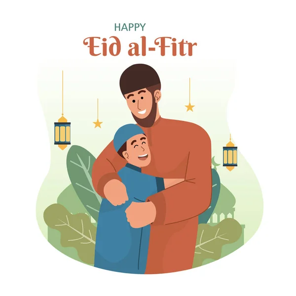 Ilustração Vetorial Menino Muçulmano Seu Pai Abraçando Alegremente Porque Eles —  Vetores de Stock