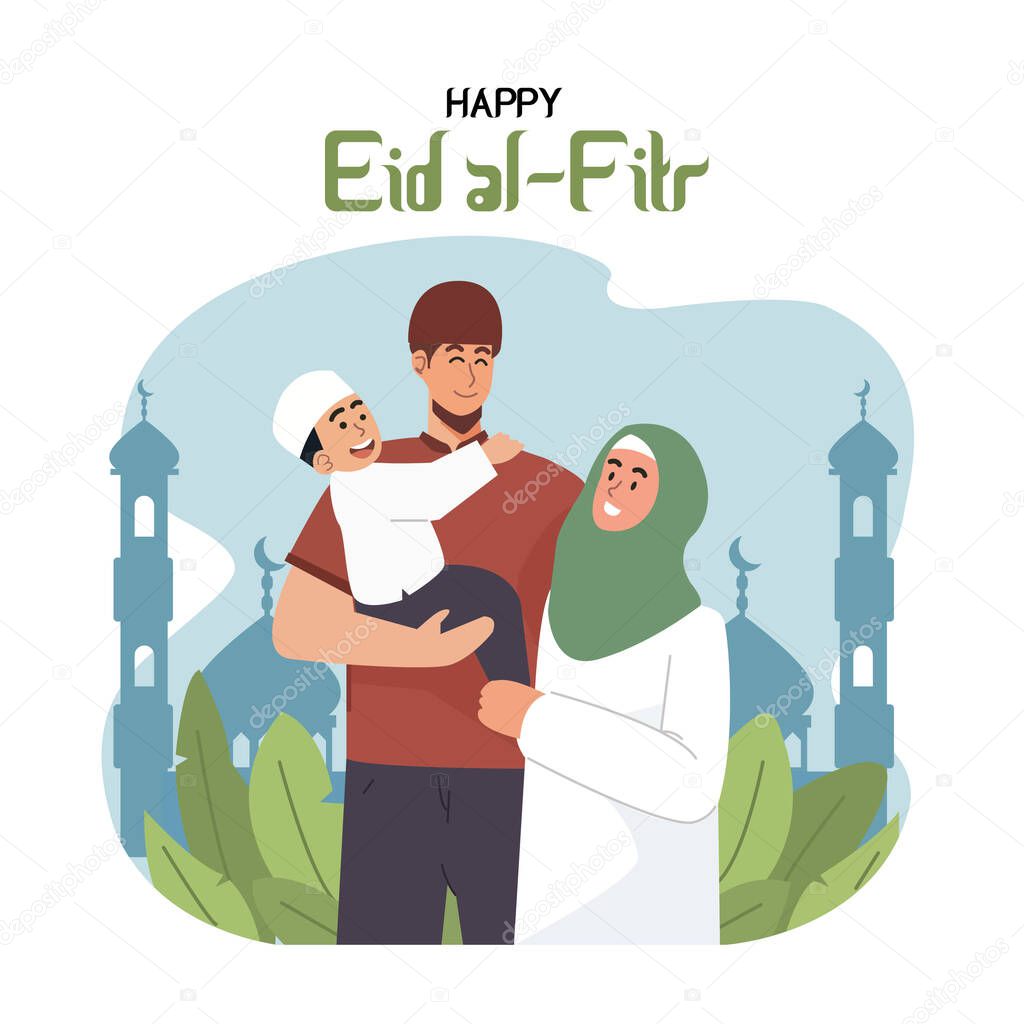 vector illustration of a Muslim family, a mother wearing a hijab, and a father holding her son, they are happy because they are welcoming Eid. Eid al-Fitr is the new year of Muslims all over the world