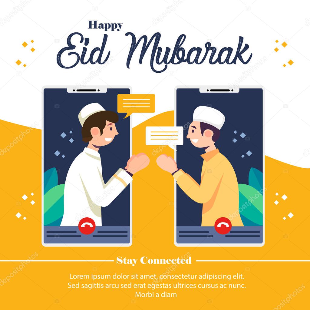 vector illustration of two Muslim youths greeting each other, saying happy Eid al-Fitr through their gadgets, celebrating Eid in the midst of the COVID-19 pandemic