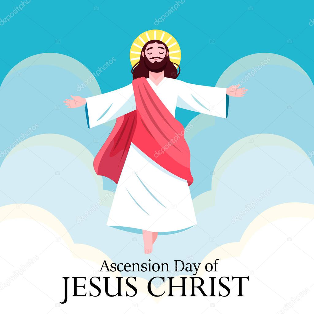 illustration of Happy Ascension Day of Jesus Christ, with the cross and Jesus Christ who is ascending to heaven. Flat vector design style.