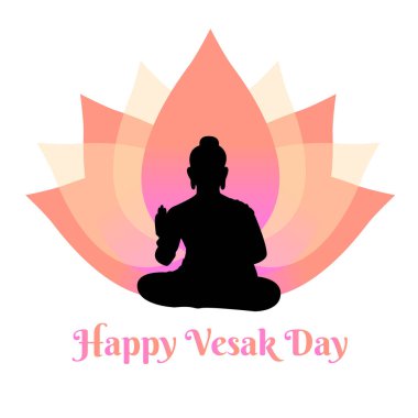 Vesak Günü afişinin, Buda heykeli silueti ve dekoratif arka plan tasarımlı temsili. Süslü Budist nüanslı vektör tasarımı. Vesak Günü vektör illüstrasyonu