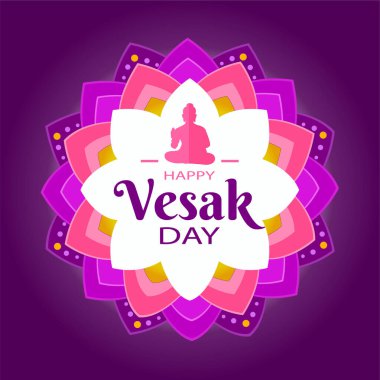 Vesak Günü afişinin, Buda heykeli silueti ve dekoratif arka plan tasarımlı temsili. Süslü Budist nüanslı vektör tasarımı. Vesak Günü vektör illüstrasyonu