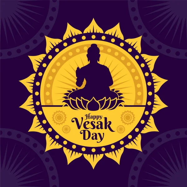 Vesak Günü afişinin, Buda heykeli silueti ve dekoratif arka plan tasarımlı temsili. Süslü Budist nüanslı vektör tasarımı. Vesak Günü vektör illüstrasyonu