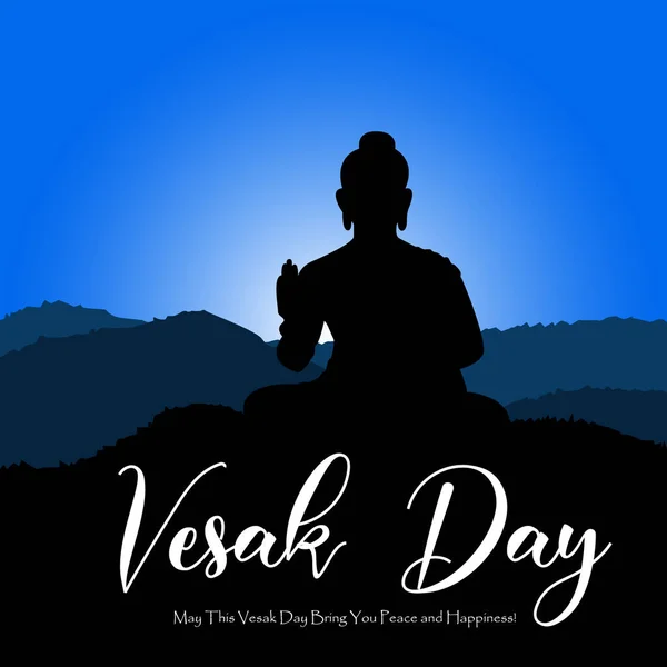 Buda heykeli silueti ve dekoratif arkaplan tasarımlı Vesak Günü afişinin vektör illüstrasyonu.