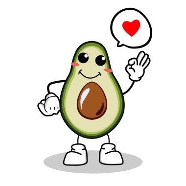 Avokado karakteri, elinde özelliği olan mutlu bir ifadeyle, avokado temalı sevimli bir avokado karakteri, avokado karakterli bir illüstrasyon vektörü,.