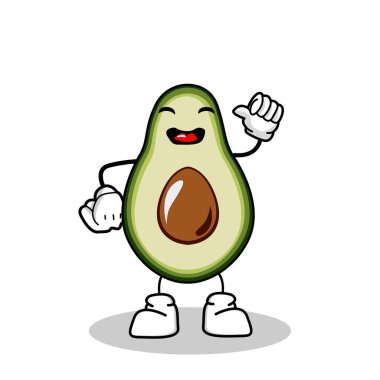 Avokado karakteri, elinde özelliği olan mutlu bir ifadeyle, avokado temalı sevimli bir avokado karakteri, avokado karakterli bir illüstrasyon vektörü,.