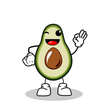 Avokado karakteri, elinde özelliği olan mutlu bir ifadeyle, avokado temalı sevimli bir avokado karakteri, avokado karakterli bir illüstrasyon vektörü,.