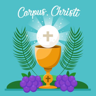 Corpus Christi Katolik dini bayram tebrik kartı, Corpus Christi tasarımınız için vektör çizimi. Bayram Günü, haç, ekmek, üzüm.