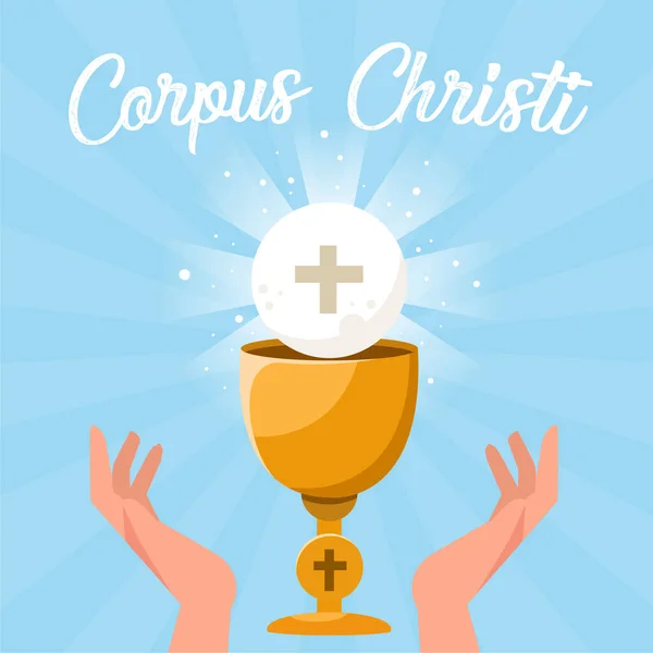 Corpus Christi Katolik dini bayram tebrik kartı, Corpus Christi tasarımınız için vektör çizimi. Bayram Günü, haç, ekmek, üzüm.