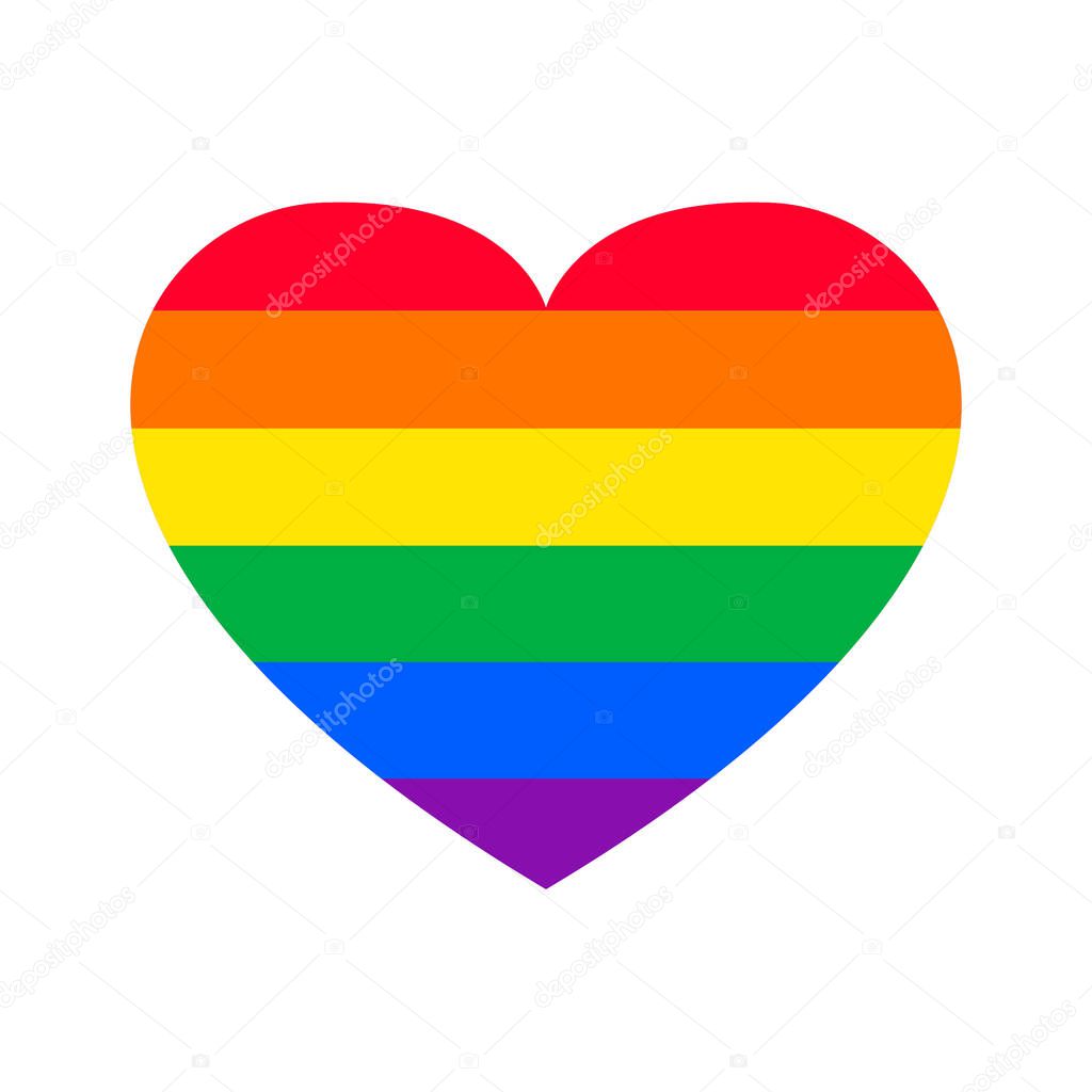 Pride month logo with rainbow flag. Pride symbol with heart, LGBT, sexual minorities, gays and lesbians. Love is love. Vector Illustration