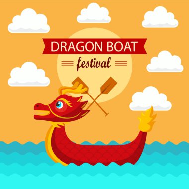 Ejderha Botu Festivali için düz stil vektör illüstrasyonu, güçlü dalgalarda kürek çeken bir ejderha teknesi, Çince tercüme: Mutlu Ejderha Teknesi Festivali.
