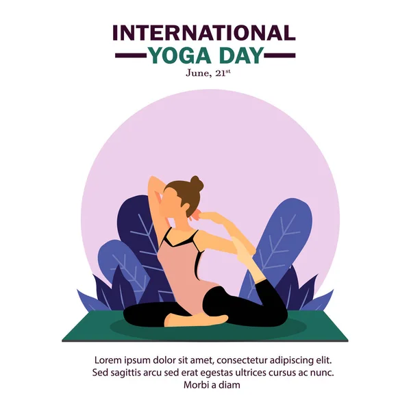 Yoga yapan bir kızın vektör çizimi ve mor arka planda bir yaprak ile daire çizmesi. Uluslararası Yoga Günü kavramı. Düz illüstrasyon ve yoga temalı çizgi film tarzı bir vektör.
