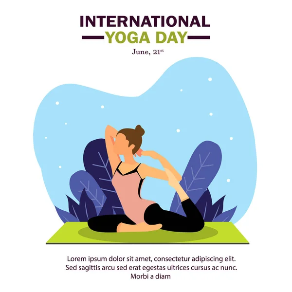 Yoga yapan bir kızın vektör çizimi ve dekoratif mavi arka plan ve yaprak. Uluslararası Yoga Günü kavramı. Düz illüstrasyon ve yoga temalı çizgi film tarzı bir vektör.