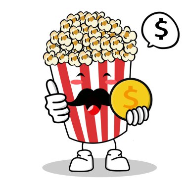 Patlamış Mısır Çizgi Film Karakteri Simgesinin Tatlı Patlamış Mısır Karakteri Kırmızı Kova Kutusu Sinema Atıştırma Vektörü İllüstrasyonu