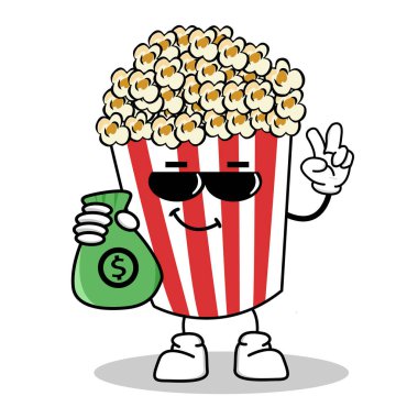 Patlamış Mısır Çizgi Film Karakteri Simgesinin Tatlı Patlamış Mısır Karakteri Kırmızı Kova Kutusu Sinema Atıştırma Vektörü İllüstrasyonu