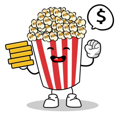 Patlamış Mısır Çizgi Film Karakteri Simgesinin Tatlı Patlamış Mısır Karakteri Kırmızı Kova Kutusu Sinema Atıştırma Vektörü İllüstrasyonu