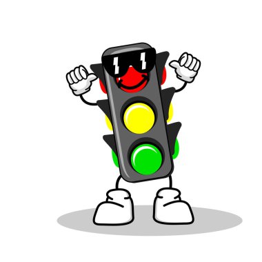 Hoş ve havalı bir ifadeyle trafik ışığı çizimi çizimi. Trafik ışığı karakteri vektör illüstrasyon maskotu.