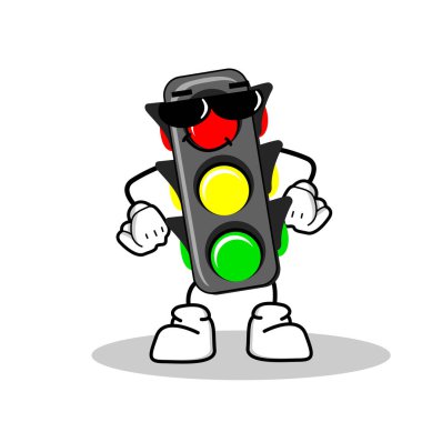Hoş ve havalı bir ifadeyle trafik ışığı çizimi çizimi. Trafik ışığı karakteri vektör illüstrasyon maskotu.