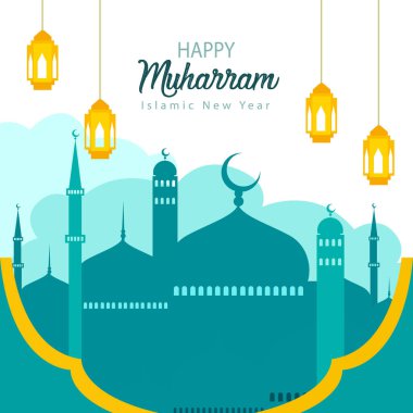 İslami yeni yıl teması, İslami arka plan fener süslemesi, afiş ve İslami Muharram 'a yeni yıl teması