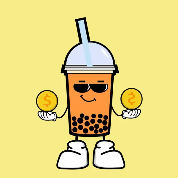 Lezzetli tapyoka siyah incileri olan kahverengi sütlü çay reklamları. Şirin köpüklü çay Kawaii karakteri. Tayvanlı ünlü içecek Boba. Düz vektör simgesi sarı arkaplanda izole edildi.