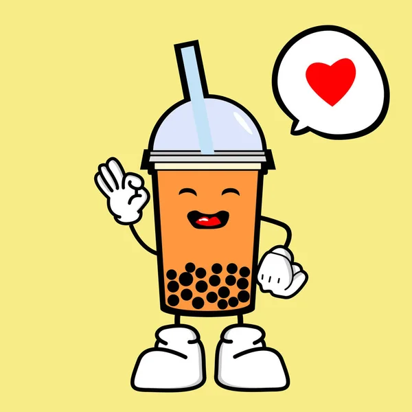 Lezzetli tapyoka siyah incileri olan kahverengi sütlü çay reklamları. Şirin köpüklü çay Kawaii karakteri. Tayvanlı ünlü içecek Boba. Düz vektör simgesi sarı arkaplanda izole edildi.