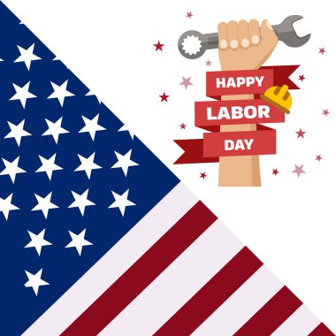 ABD İşçi Bayramı poster tasarımı. Amerikan İşçi Bayramı kutlamaları Amerikan bayrağı, güvenlik kaskı ve inşaat araçlarıyla yapılıyor. Amerikan İşçi Bayramı için Reklam Posteri veya Afişi.