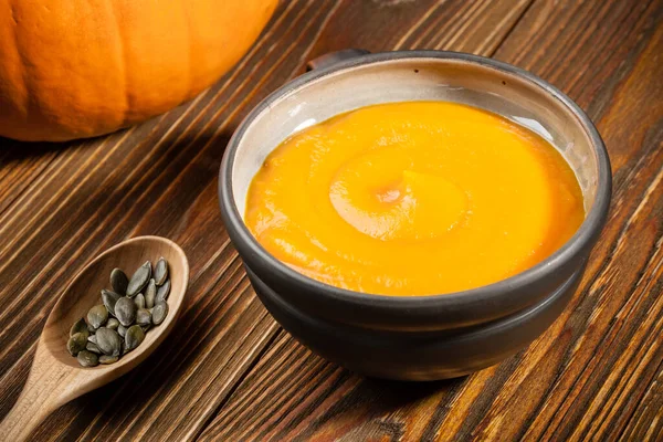 Pumpkin Soup Pumpkin Seeds Wooden Table — Stock Photo, Image