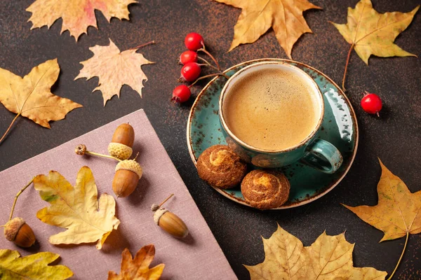 stock image Autumn background with cup of black coffee and fall decoration