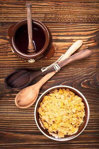 Flocos de milho pote de mel — Fotografia de Stock