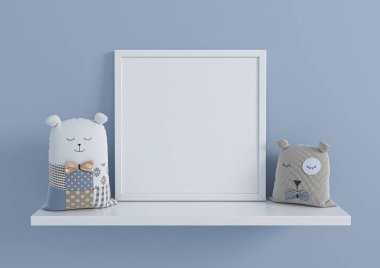 Çocuk odası için 8x8 Square White Frame modeli ya da beyaz rafta ve mavi duvarda oyuncakları olan çocuk odası. Çocuk odası için boş bir poster çerçevesi ya da beyaz rafta mavi arka planda oyuncakları olan bir çocuk odası. 3B Hazırlama