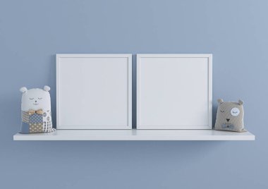 Çocuk odası için çift 8x8 Square White Frame modeli mi yoksa beyaz rafta ve mavi duvarda oyuncaklar olan çocuk odası mı? Çocuk odası için iki boş poster çerçevesi ya da beyaz rafta mavi arka planda oyuncakları olan çocuk odası. 3B Hazırlama