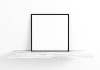 Ahşap rafta ve beyaz duvarda tek başına 8x8 kare siyah çerçeve modeli. Boş bir poster çerçevesi ahşap rafta ve beyaz arka planda. 3B Hazırlama