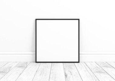 Ahşap zeminde ve beyaz duvarda tek başına 8x8 kare siyah çerçeve modeli. Ahşap zeminde boş bir poster modeli ve beyaz arka plan. 3B Hazırlama