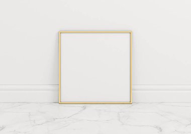 Mermer zeminde ve beyaz duvarda tek parça 8x8 kare altın çerçeve modeli. Mermer zeminde boş bir poster modeli ve beyaz arka plan. 3B Hazırlama
