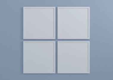 Four 10x10 Square White Frame mockup on blue wall. Four empty poster frame mockup on blue background. 3D Rendering