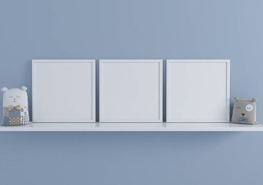 Triple 10x10 Square White Frame mockup on white shelf and blue wall. Three empty poster frame mockup on white shelf and blue background. 3D Rendering