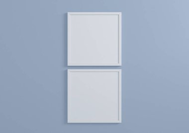 Double 10x10 Square White Frame mockup on blue wall. Two empty poster frame mockup on blue background. 3D Rendering