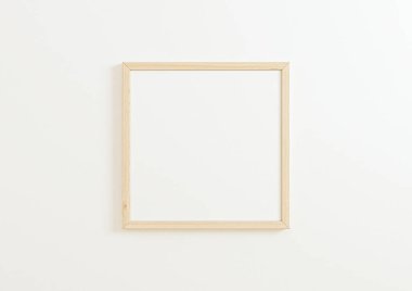 Single 10x10 Square Wooden Frame mockup on white wall. One empty poster frame mockup on white background. 3D Rendering
