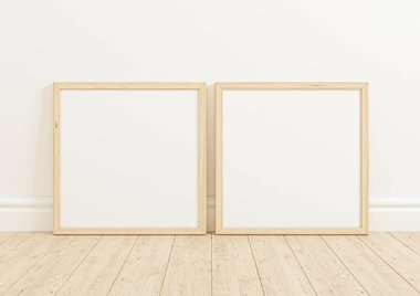 Double 10x10 Square Wooden Frame mockup on wooden floor and white wall. Two empty poster frame mockup on wooden floor and white background. 3D Rendering