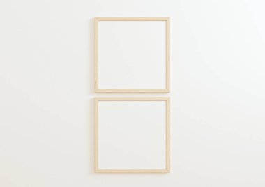Double 10x10 Square Wooden Frame mockup on white wall. Two empty poster frame mockup on white background. 3D Rendering