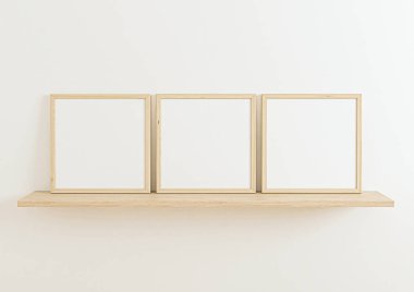 Triple 10x10 Square Wooden Frame mockup on wooden shelf and white wall. Three empty poster frame mockup on wooden shelf and white background. 3D Rendering