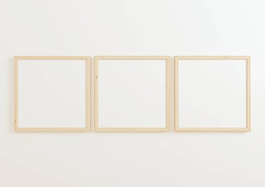 Triple 10x10 Square Wooden Frame mockup on white wall. Three empty poster frame mockup on white background. 3D Rendering