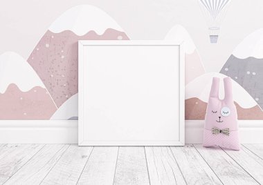 Single 10x10 Square White Frame mockup with toys on white wooden floor and pink wallpaper wall. One empty poster frame mockup with toys on white wooden floor and pink wallpaper background. 3D Rendering