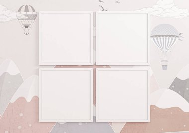 Four 10x10 Square White Frame mockup on pink wallpaper wall. four  empty poster frame mockup on pink wallpaper background. 3D Rendering