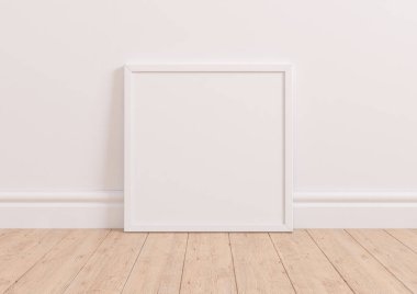 Single 10x10 Square White Frame mockup on wooden floor and white wall. One empty poster frame mockup on wooden floor and white background. 3D Rendering