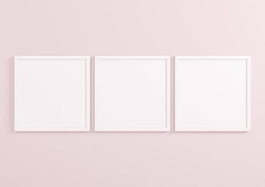 Triple 10x10 Square White Frame mockup on pink wall. Three empty poster frame mockup on pink background. 3D Rendering