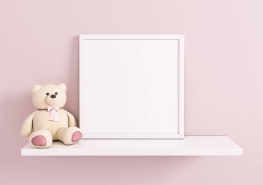 Single 10x10 Square White Frame mockup for nursery or kids room with a teddy bear on white shelf and pink wall. One empty poster frame mockup for nursery or kids room with a teddy bear on white shelf and pink background. 3D Rendering