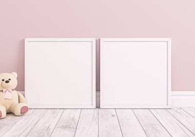 Double 10x10 Square White Frame mockup on white wooden floor and pink wall. Two empty poster frame mockup for nursery or kids room with a teddy bear on white wooden floor and pink background. 3D Rendering